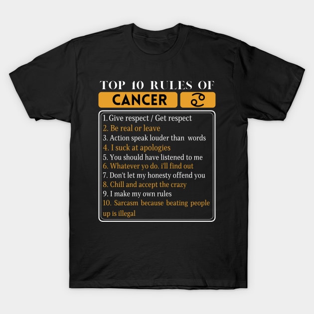 Top 10 Rules Of Cancer, Cancer Zodiac Facts T-Shirt by JustBeSatisfied